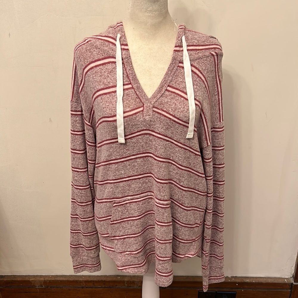 Market &Spruce raspberry striped hooded front pocket sweatshirt Size S New